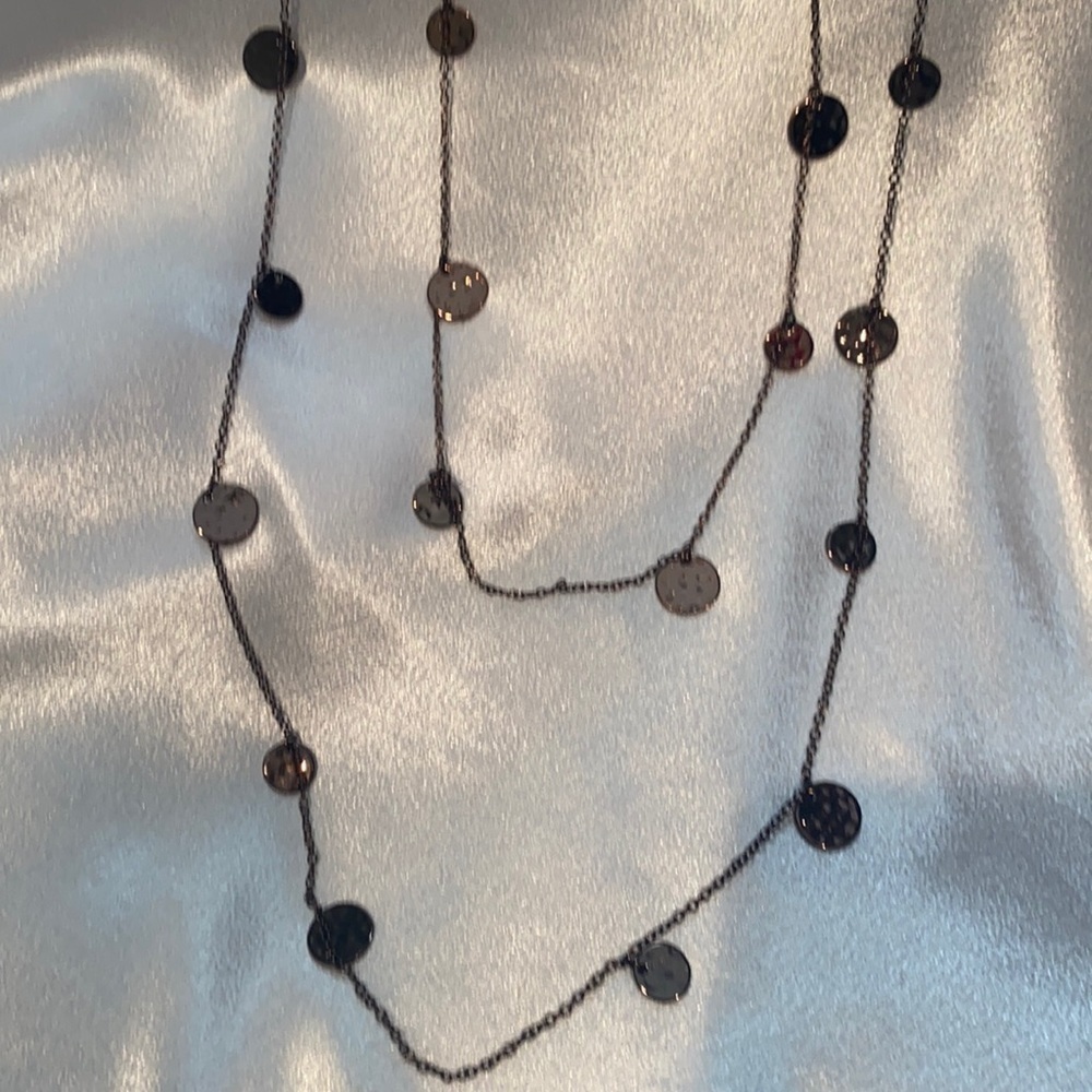 New Women’s Set Of Two Long Bronze/Goldish Necklaces With Dangling Discs